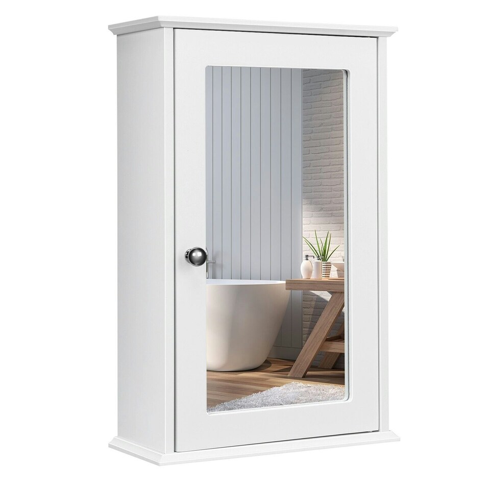 image 1 of COSTWAY Bathroom Mirror Cabinet Wall Mounted Storage White White