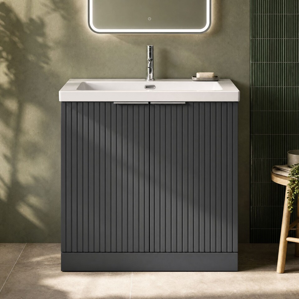 image 1 of Balterley Callingwood Contemporary Floor Standing 2 Door Vanity Unit with 1 Tap Hole Fireclay Basin , 800mm, Dark Grey