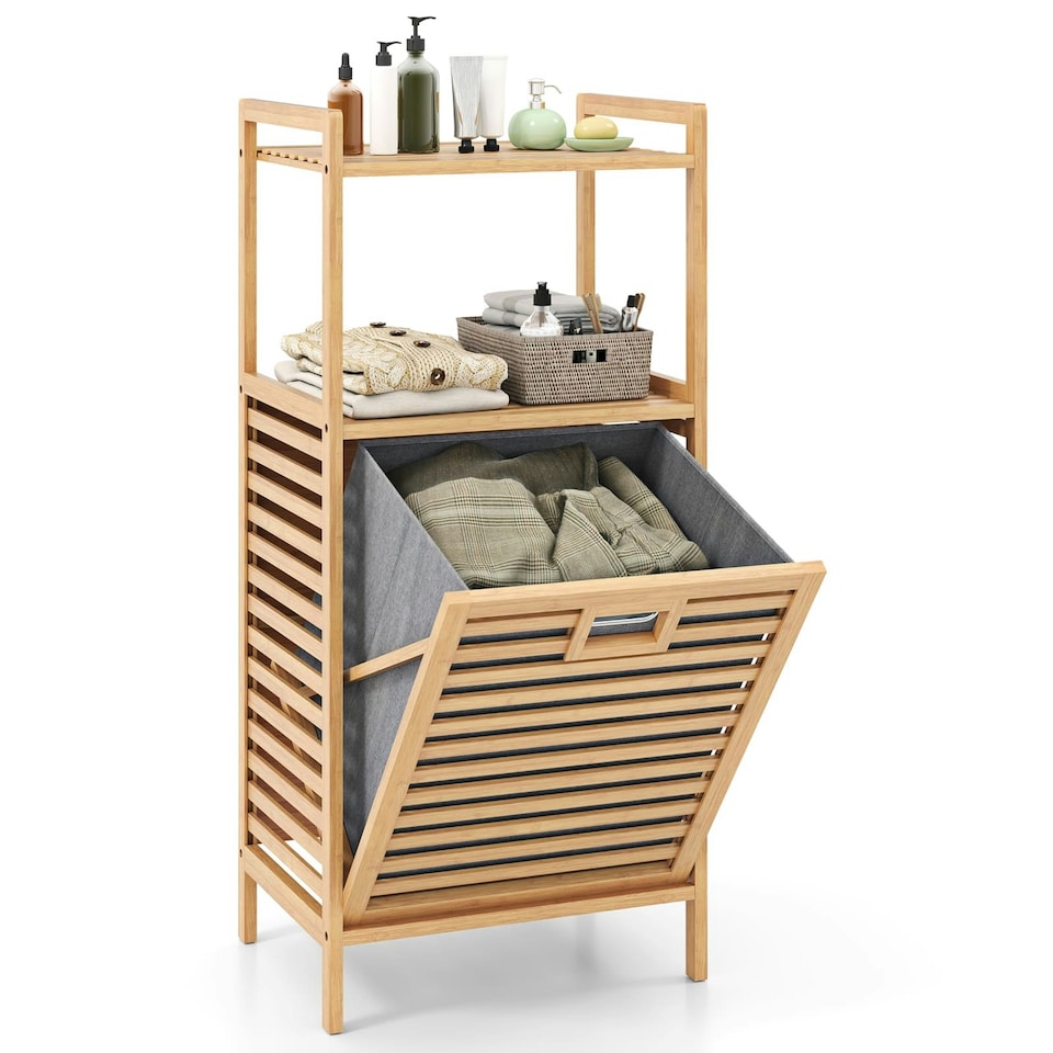image 1 of COSTWAY Tilt out Laundry Hamper Laundry Basket w/Shelves | Brown