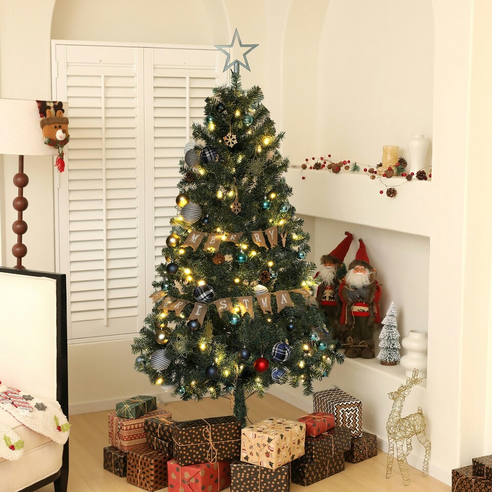 image 1 of HOMCOM 6ft Artificial Christmas Tree with LED Lights and Blue Decorations