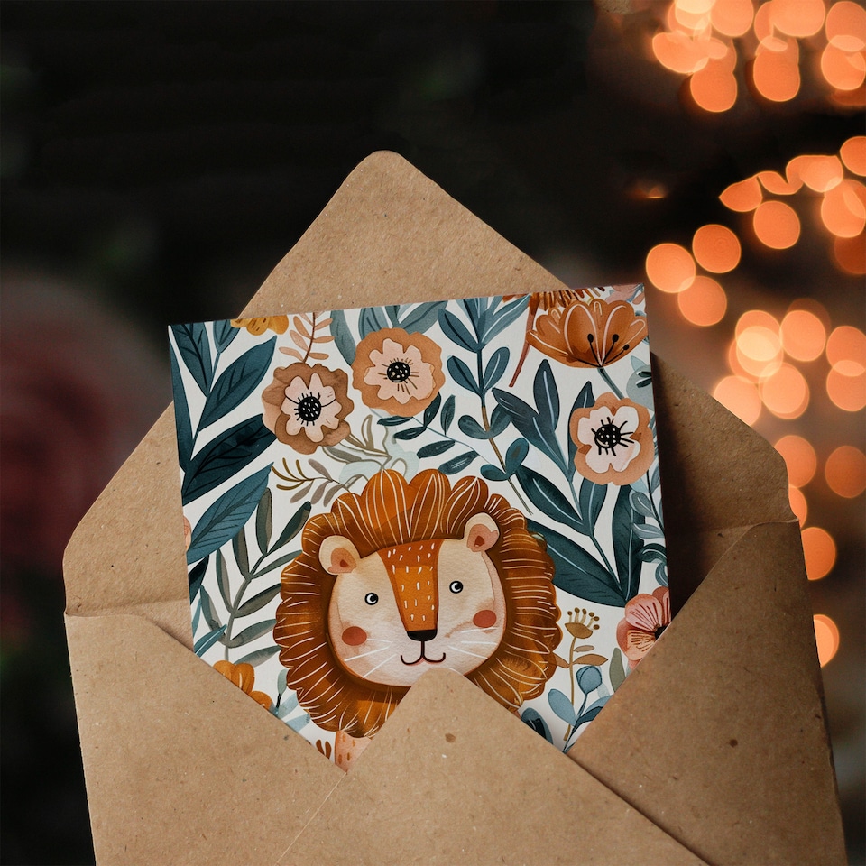 image 1 of Cute Lion in Tropical Jungle Flowers Watercolour Birthday Card