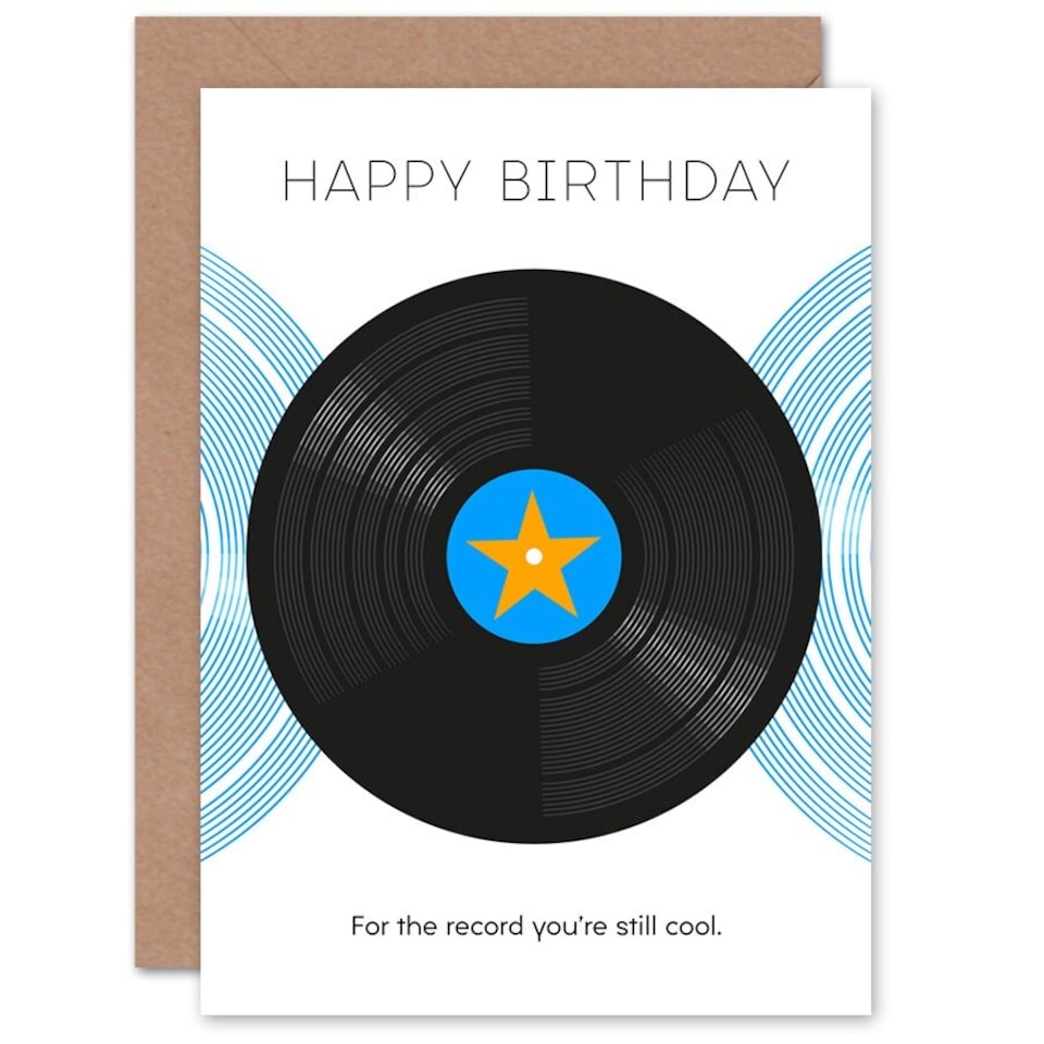 image 1 of Vinyl For the Record Blue Gold Retro Happy Birthday Greeting Card