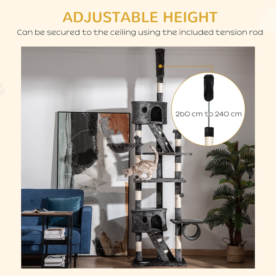 image 1 of PawHut Kitten Tower Adjustable 240-260cm, Scratch Posts, Houses