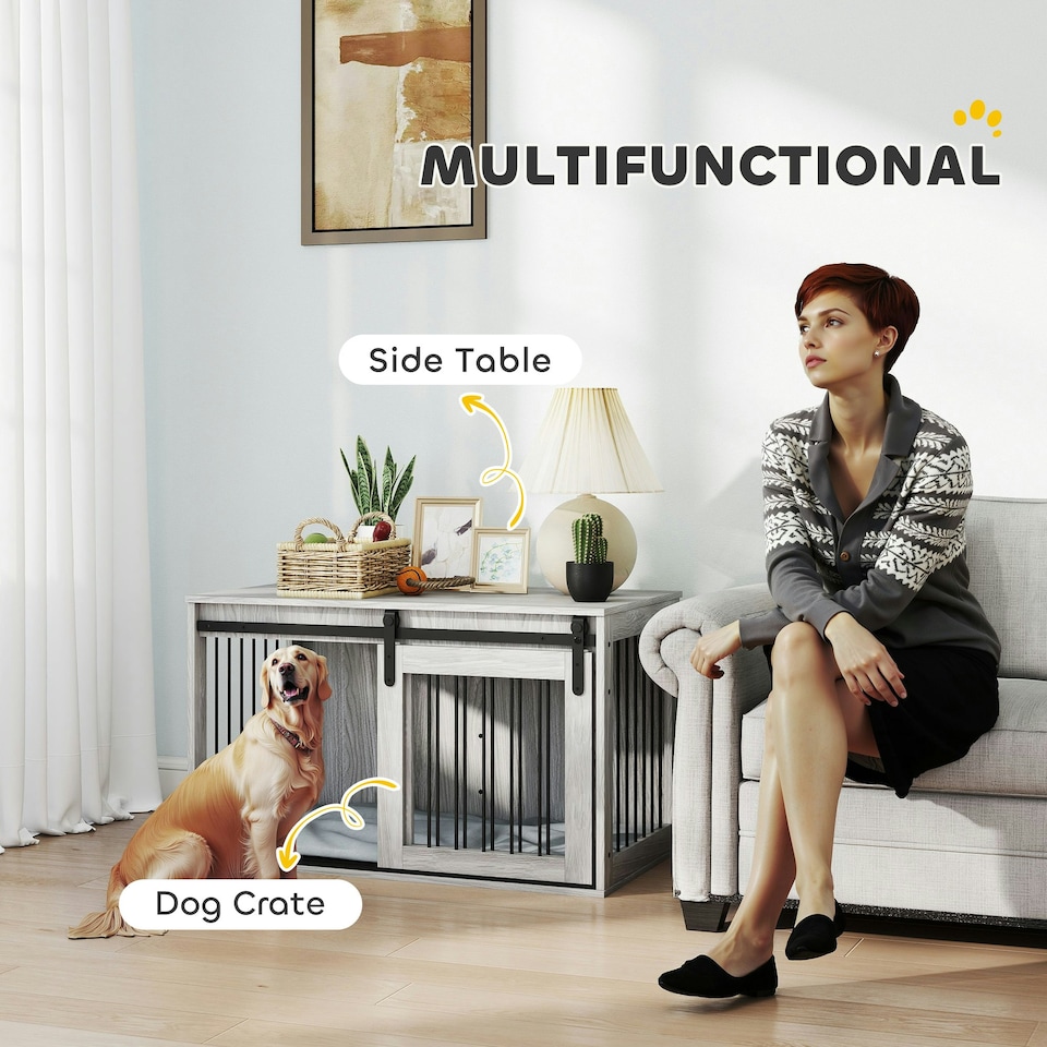 image 1 of PawHut Dog Crate Furniture with Removable Cushion for Large Dogs - Grey