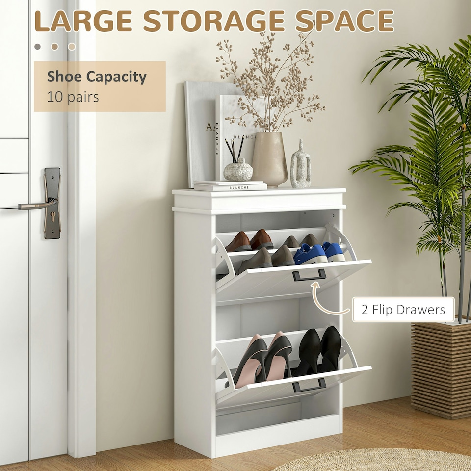 image 1 of HOMCOM Slim Shoe Storage Cabinet with 2 Flip Drawers, White
