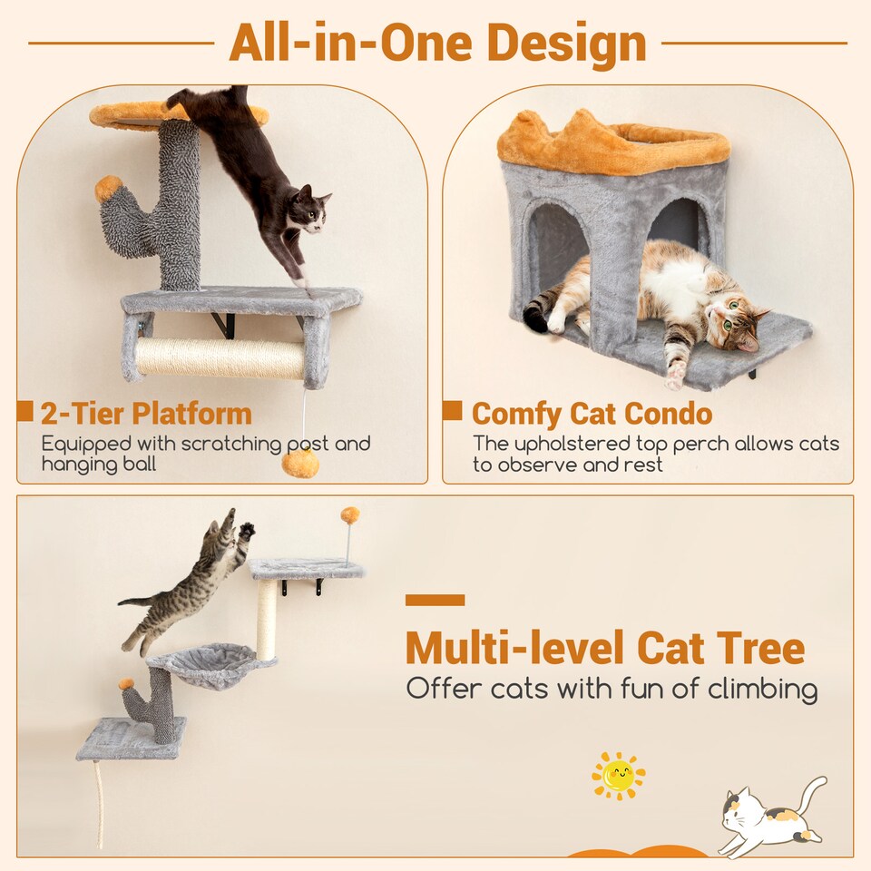 image 1 of COSTWAY Wall-Mounted Cat Tower Set Space Saving Grey