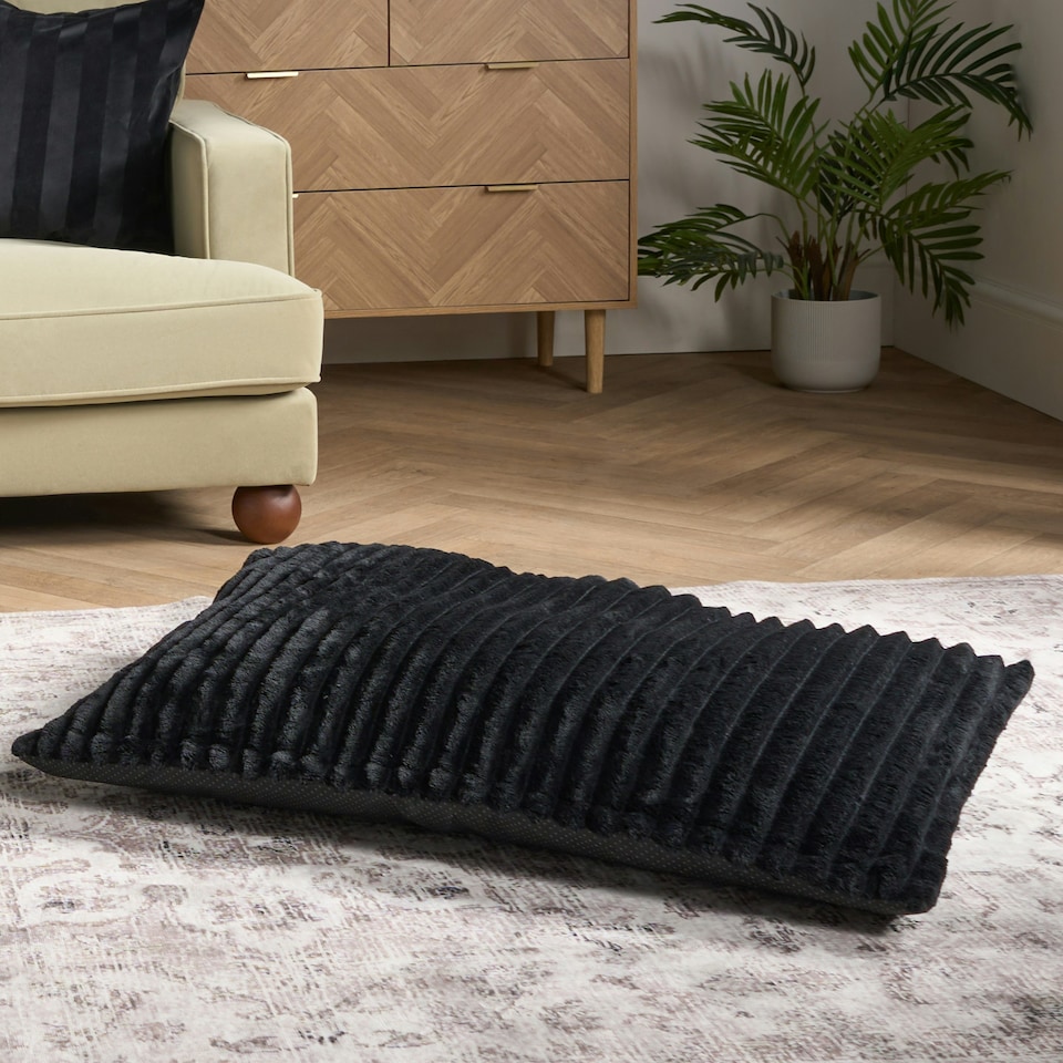 image 1 of OHS Ribbed Fleece Rectangular Soft Warm Cosy Plump Plush Pet Dog Cat Cushion Bed, 80x60cm Black | L