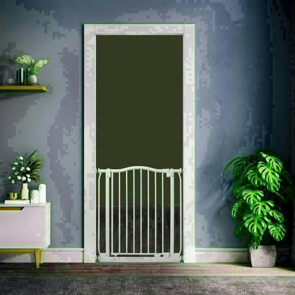 image 1 of Bettacare Curved Top Dog Gate, 71cm - 80cm, Matt White, Pressure Fit Pet Gate for Dog and Puppy, Pet and Dog Barrier