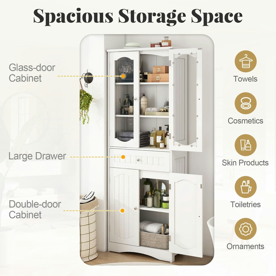 image 1 of COSTWAY 160cm Bathroom Storage Cabinet Freestanding White White