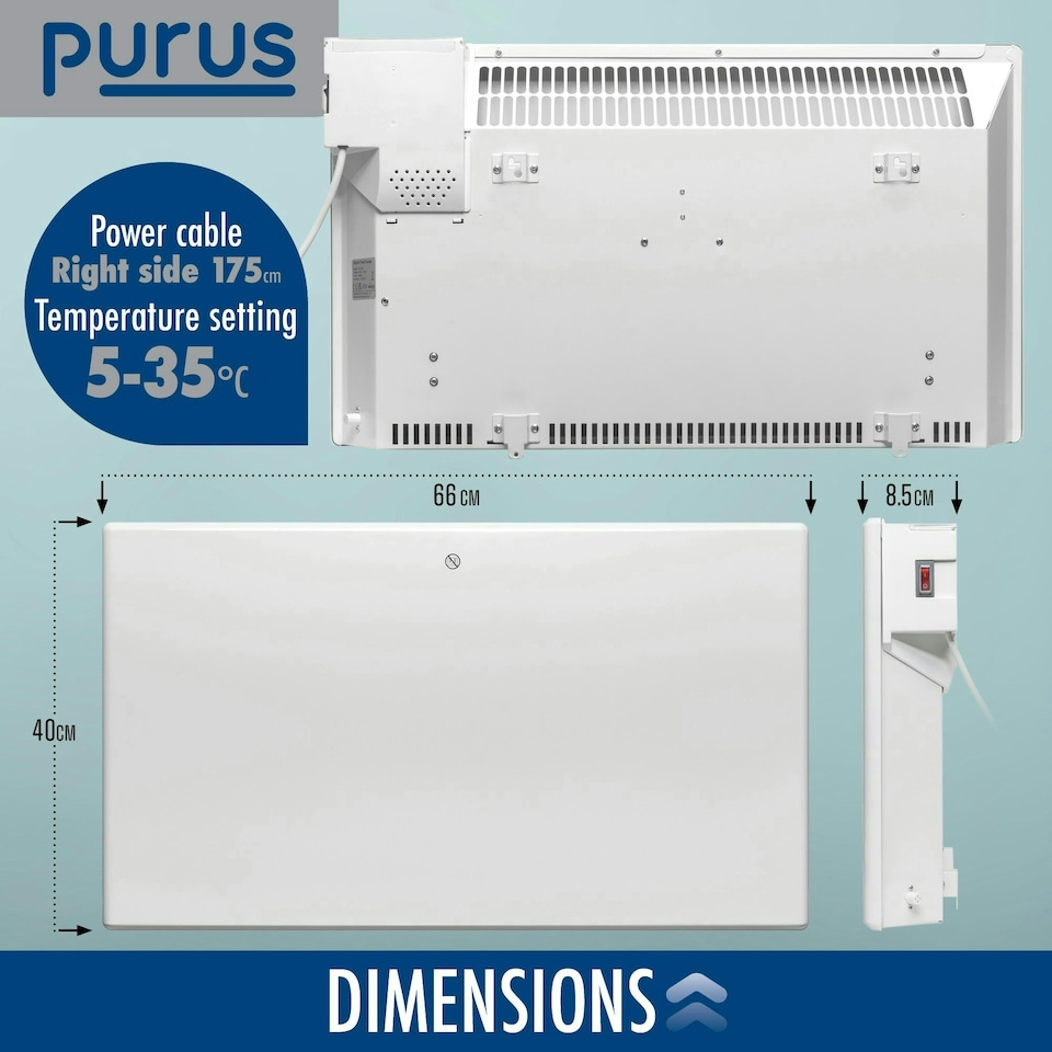 image 1 of Purus 1200W Electric Panel Heater Wall Mounted White Radiator