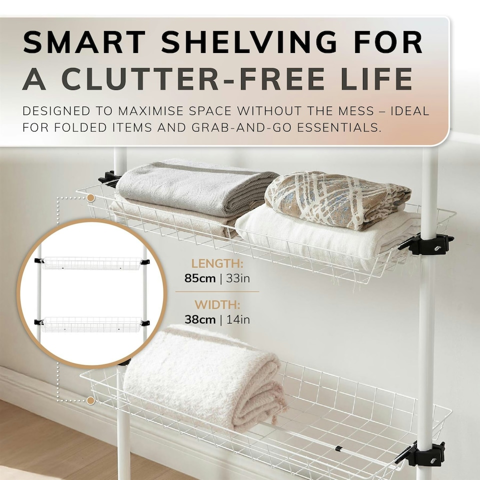 image 1 of Telescopic Wardrobe Organiser Double White Rail Clothes Rack Baskets Storage White | One Size