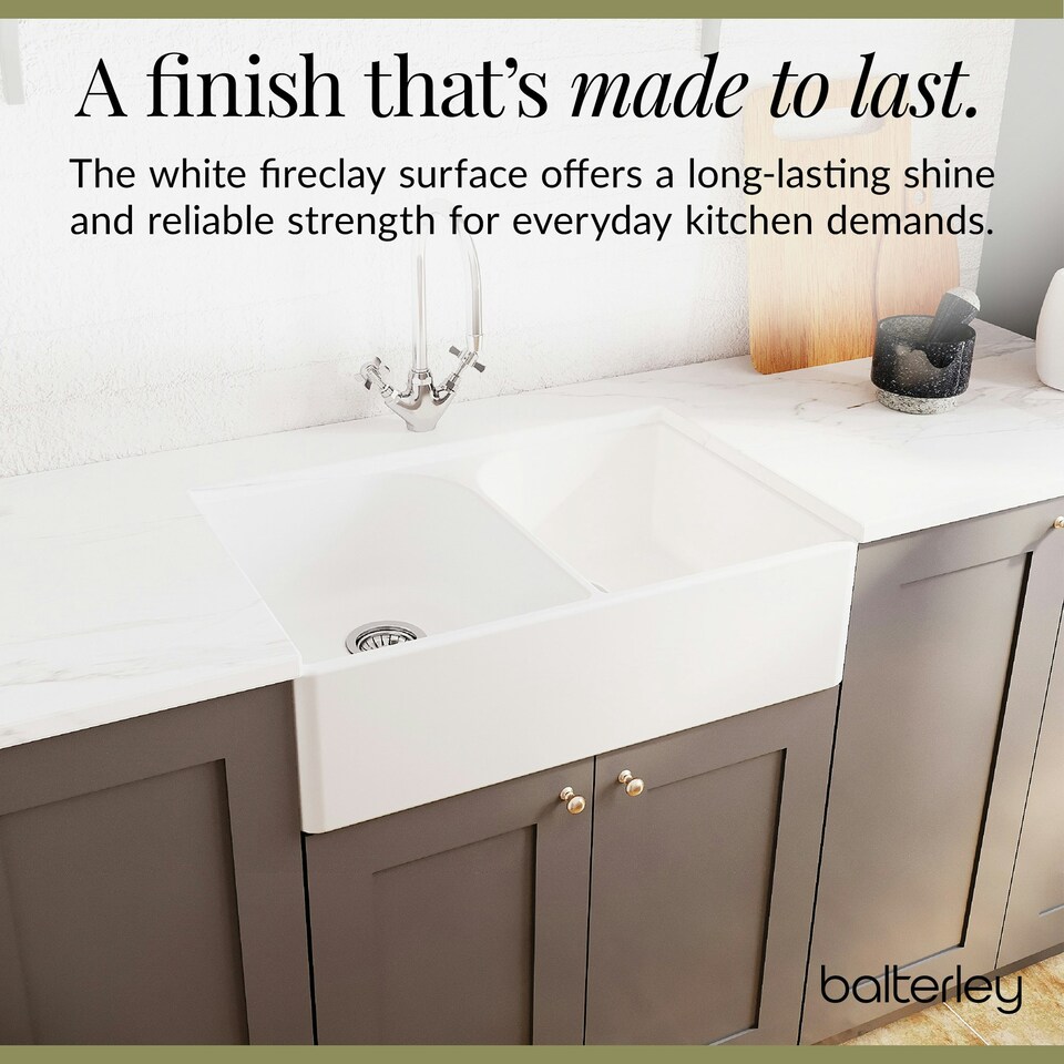 image 1 of Fireclay 795mm Double Bowl Full Weir Butler Kitchen Sink, Mono Mixer Tap & Waste - Ceramic Kitchen Sink & Tap Set