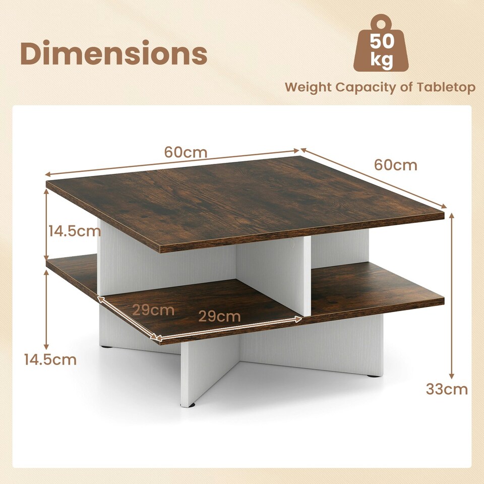 image 1 of COSTWAY 2-Tier Square Coffee Table 60cm Center Table Brown
