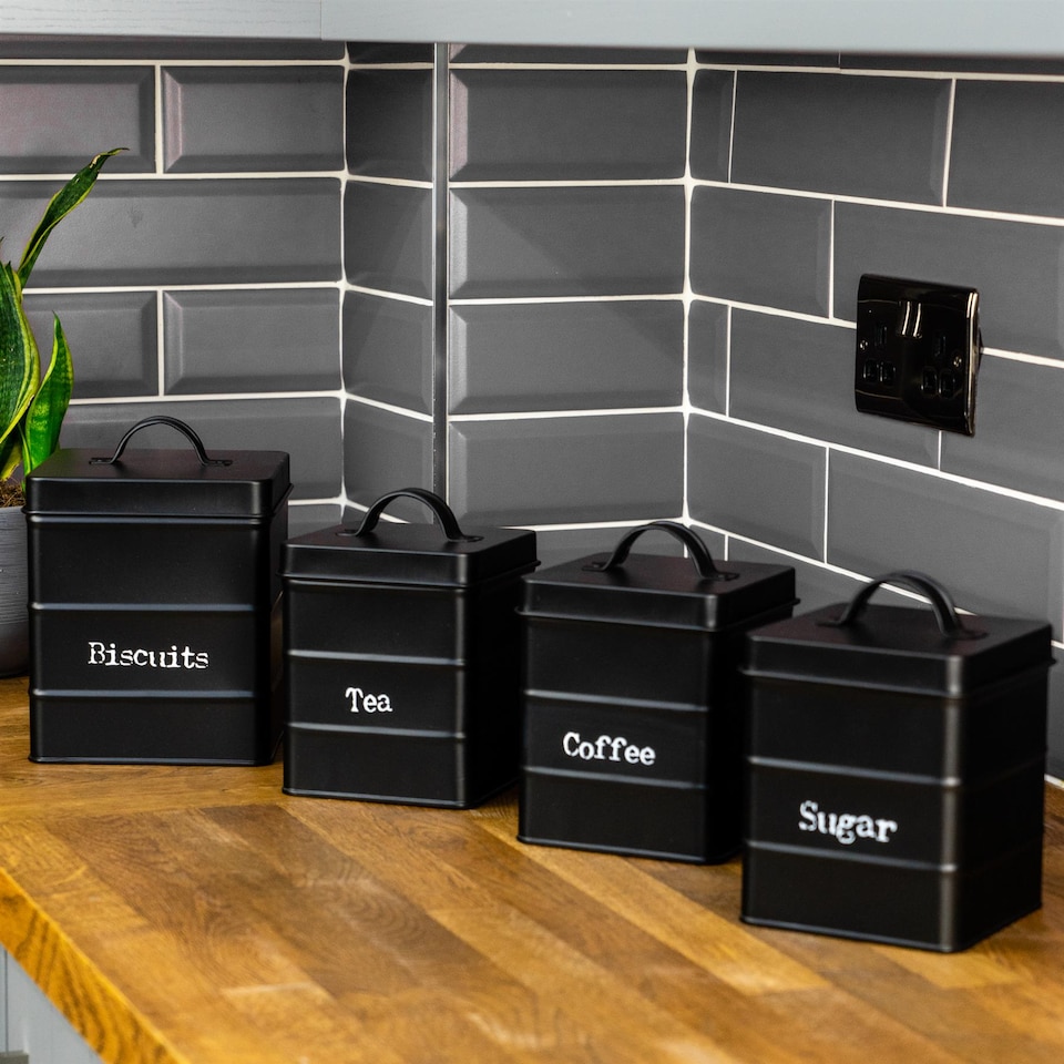 image 1 of Harbour Housewares 4 Piece Vintage Metal Kitchen Canisters Set - Black