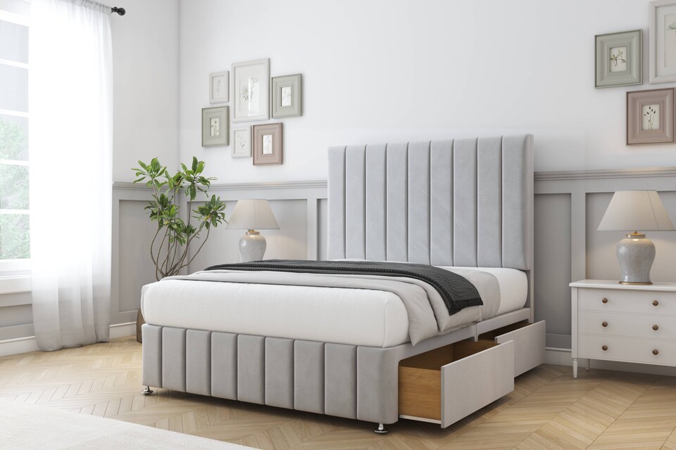 image 1 of Sloomy California Silver Plush Divan Bed With Mattress No Drawers With 26" Strutted Headboard & 12" Matching Footboard 4' Small Double | Silver | Silver | Small Double | 1