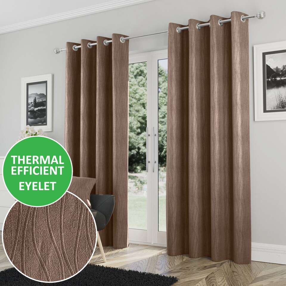 image 1 of Enhanced Living Goodwood Bronze Thermal, Energy Saving, Dimout Eyelet Curtains with Wave Pattern (PAIR) - 66 x 90 inch (168x229cm)