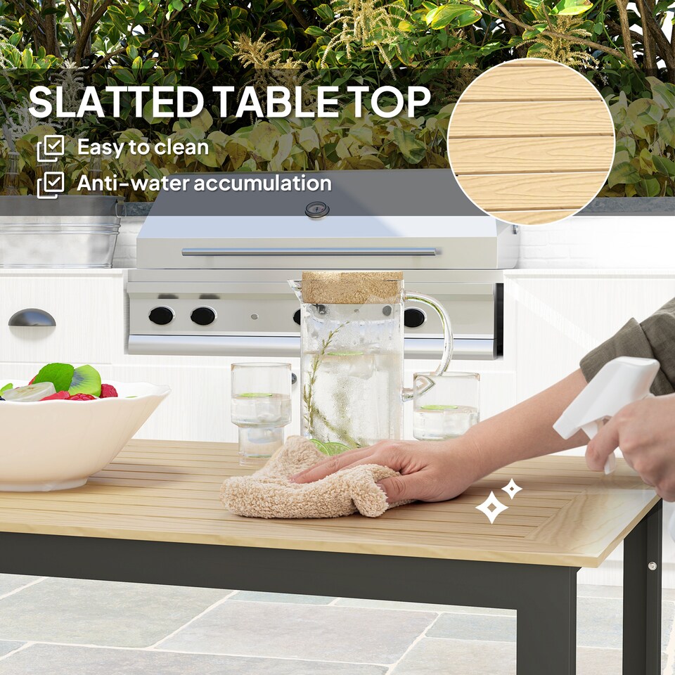 image 1 of Outsunny Garden Table for 6 People, 175 x 78 x 75 cm Rectangle Outdoor Dining Table with Slatted Top, Metal Frame, for Balcony, Deck, Teak | Multi