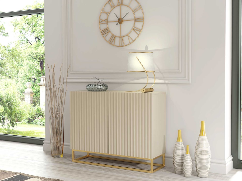image 1 of Sideboard Cabinet Storage Cupboard Fluted Doors Cashmere Matt Gold Metal Legs Living Dining Room Hallway Furniture 100cm