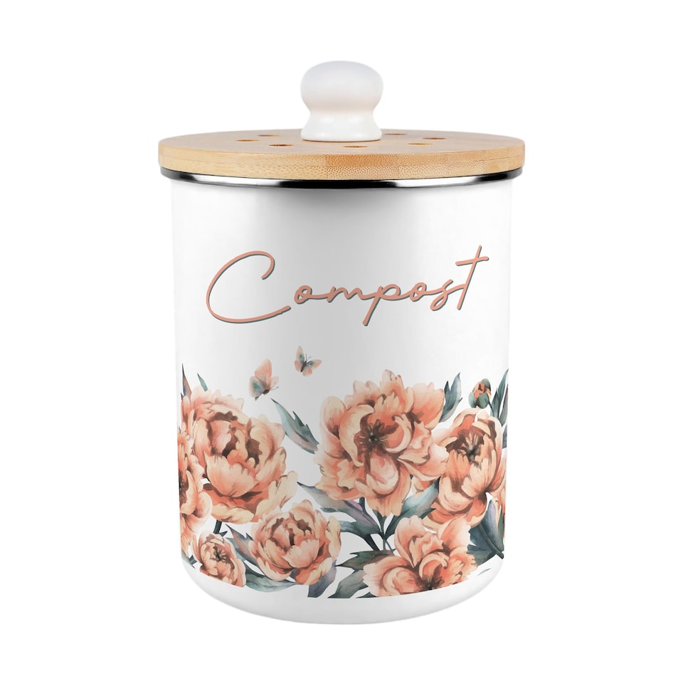 image 1 of Peach Peonies Compost Caddy - Metal 2L Decorative Kitchen Food Waste Bin