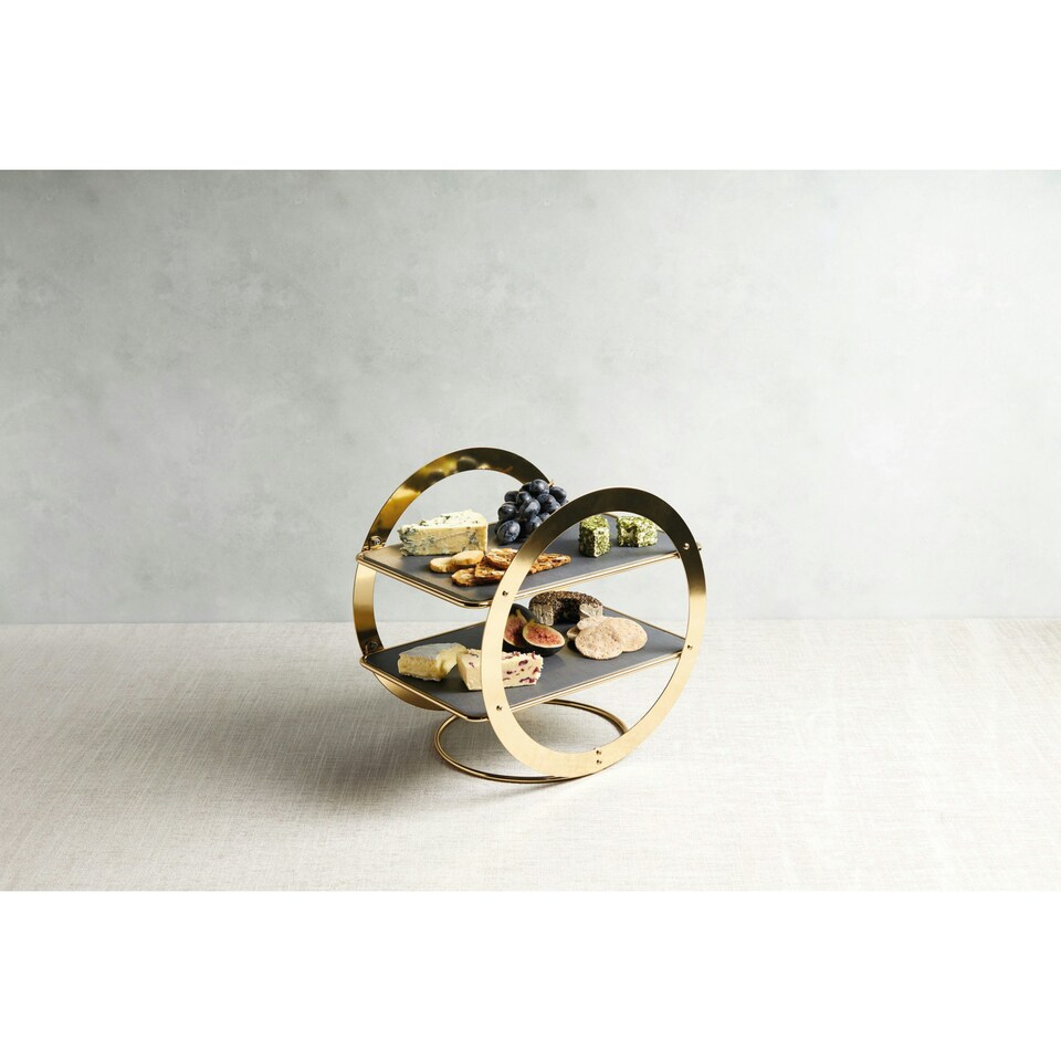 image 1 of Artesà 2-Tier Brass Geometric Serving Stand with Slate Black