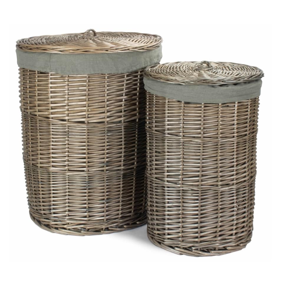 image 1 of Set of 2 Antique Wash Round Linen Basket with Grey Sage Lining | Grey | Grey