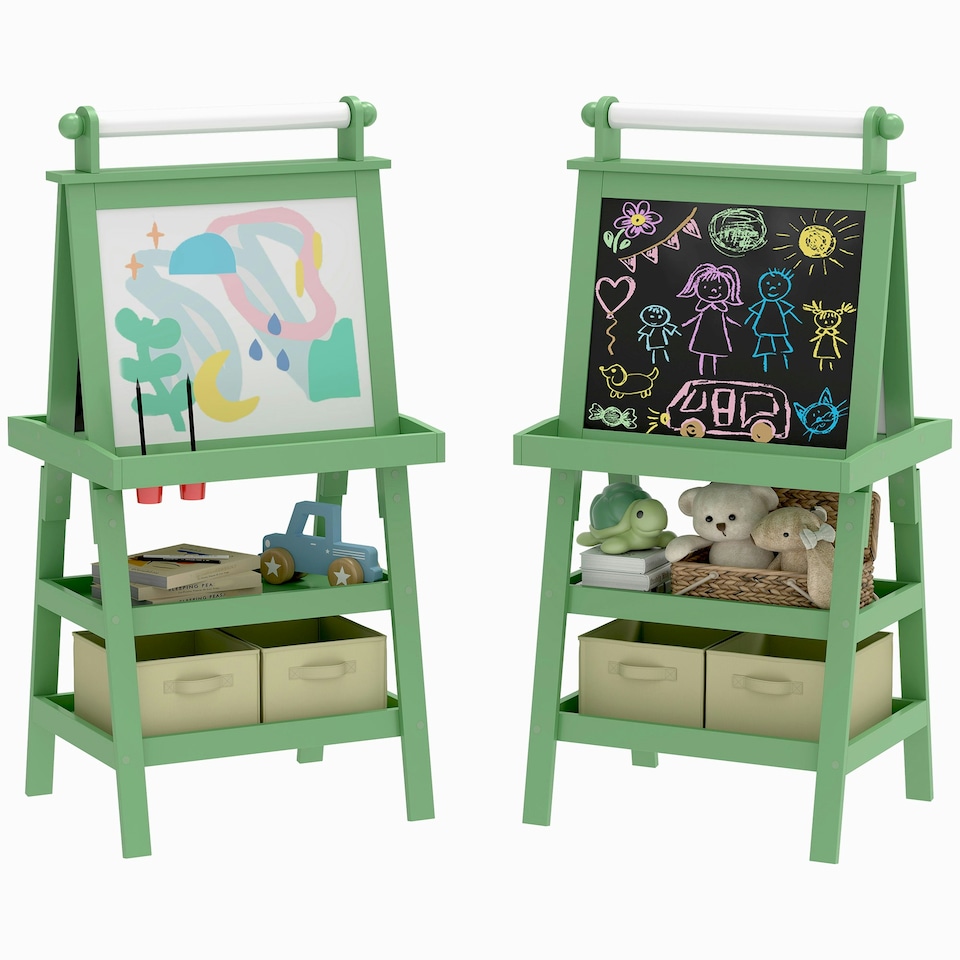 image 1 of AIYAPLAY Art Easel for Kids with Paper Roll, 3 in 1 Kids Easel Double-Sided Magnetic Whiteboard and Chalkboard with Storage Baskets, for Children 3-6 Years Green