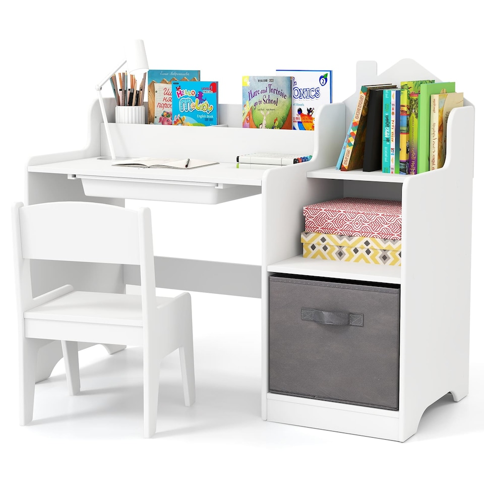 image 1 of COSTWAY Kids Study Desk and Chair Set Children Table White