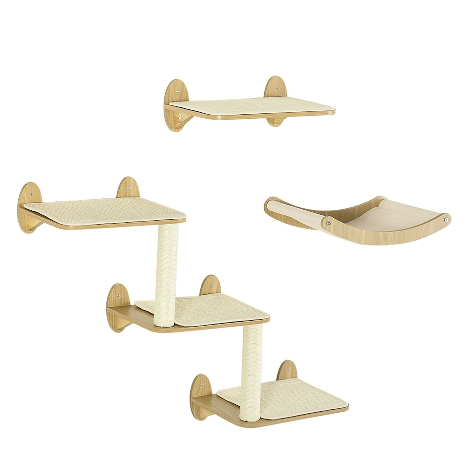 image 1 of PawHut 3PC Wall Mounted Cat Tree Climbing Shelf Set with Scratching Post Oak