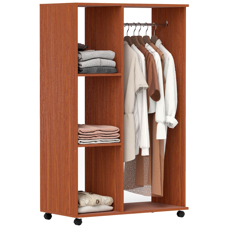 image 1 of HOMCOM Open Wardrobe on Wheels, Bedroom Wardrobe with Clothes Hanging Rail, 3 Storage Shelves, Mobile Garment Rack for Cloakroom, Hallway, Walnut