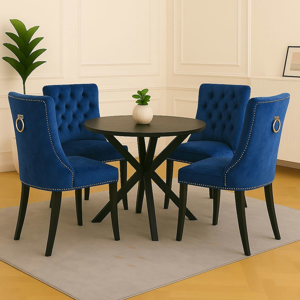 image 1 of Blue Set of Four Studded Velvet Dining Chair with Ring Knocker Detail Blue