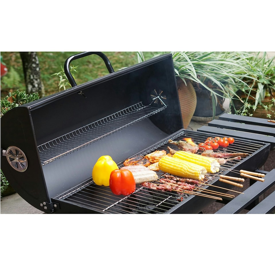 image 1 of Large Charcoal Oil Drum BBQ Grill Portable Barrel Barbecue With Lid Wheels Side Table