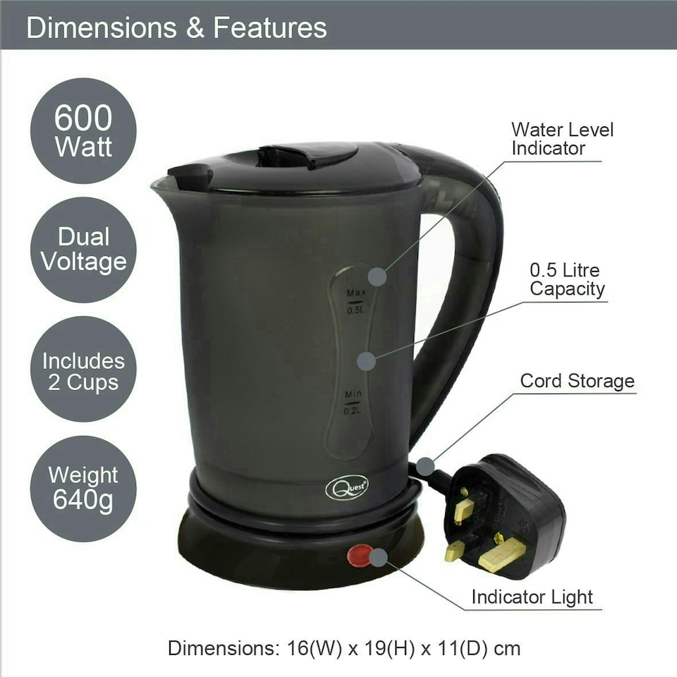 image 1 of Quest 0.5L Travel Kettle With Dual Voltage & 2 Cups - Black