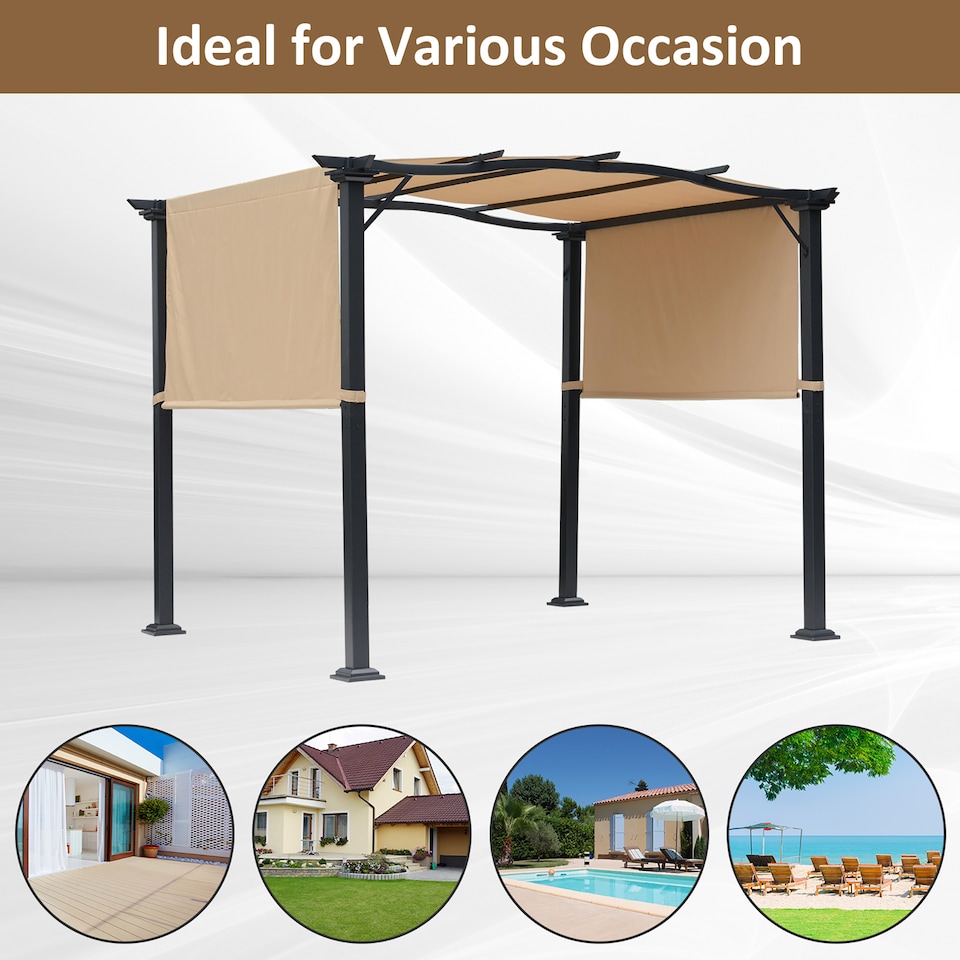 image 1 of Outsunny Outdoor Pergola Garden Gazebo with Two Adjustable Side Canopy Overhead Sun Shade Backyard Canopy Cover, Steel Khaki 2.96x2.45x2.3m
