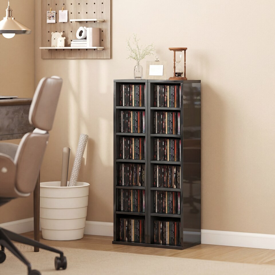 image 1 of HOMCOM Set of 2 CD Storage Units DVD Shelf with Adjustable Shelves | Black | High Gloss Black | 21W x 22.5D x 88.5H cm