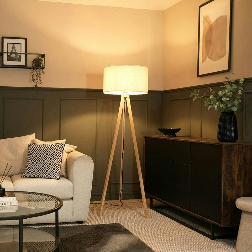 image 1 of ValueLights Barbro Wood Tripod Floor Lamp Cream Boucle Shade & Bulb