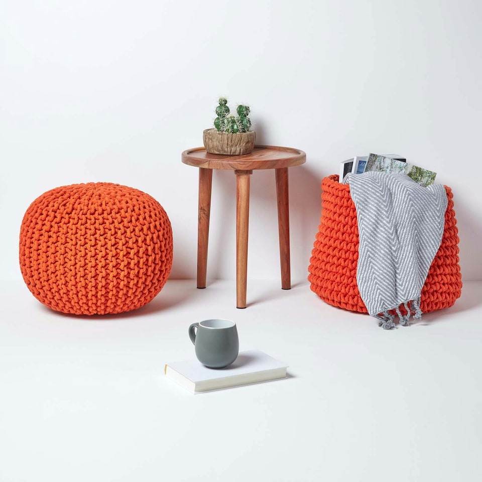 image 1 of Homescapes Burnt Orange Round Cotton Knitted Pouffe Footstool - 35 x 40 cm | Orange | H 35cm x W 40cm