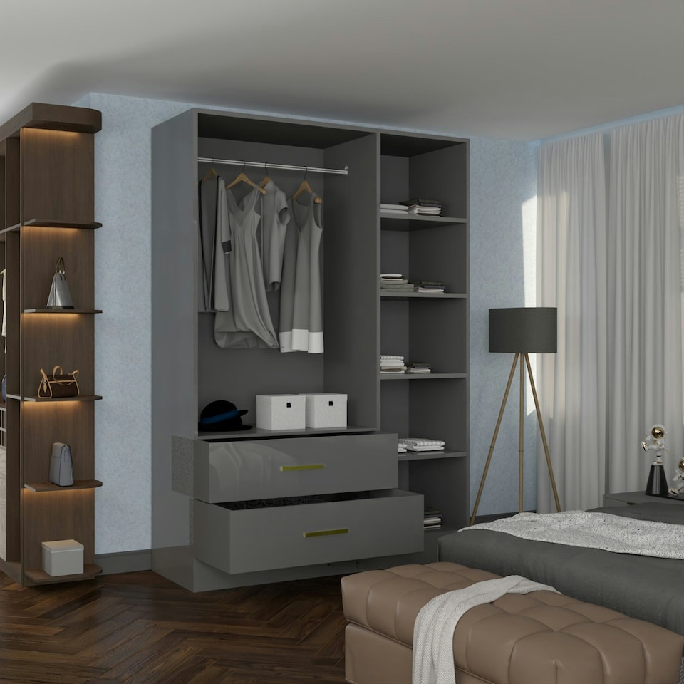 image 1 of Modern 3-Door High Gloss Wardrobe with Dual Mirrors, Gold Accent Handles, Drawers & Shelves-116cm Wide Grey | Grey116cm