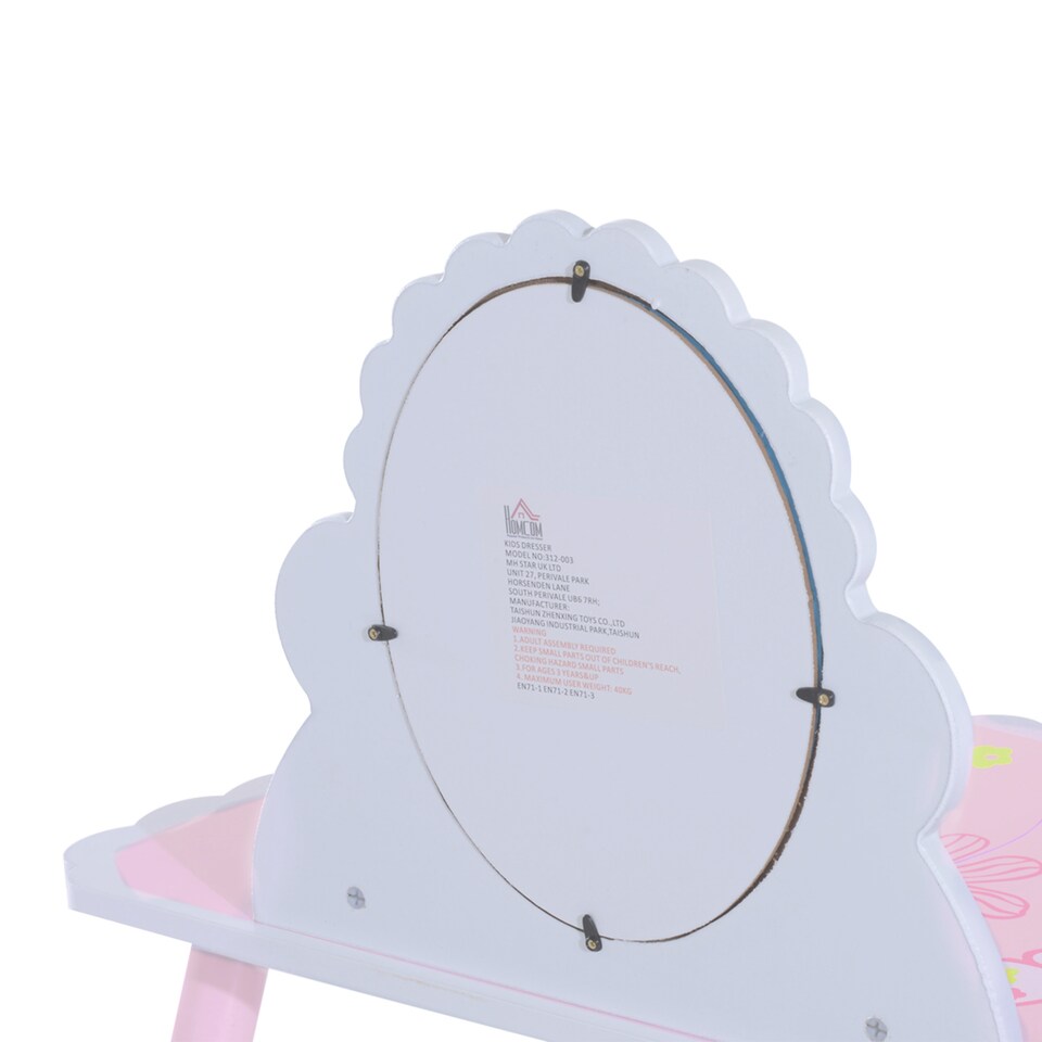 image 1 of HOMCOM Kids Dressing Table Girls Pink Wooden Kids Dressing Table & Stool Make Up Desk Chair Toys Fairy Dresser Play Set w Mirror
