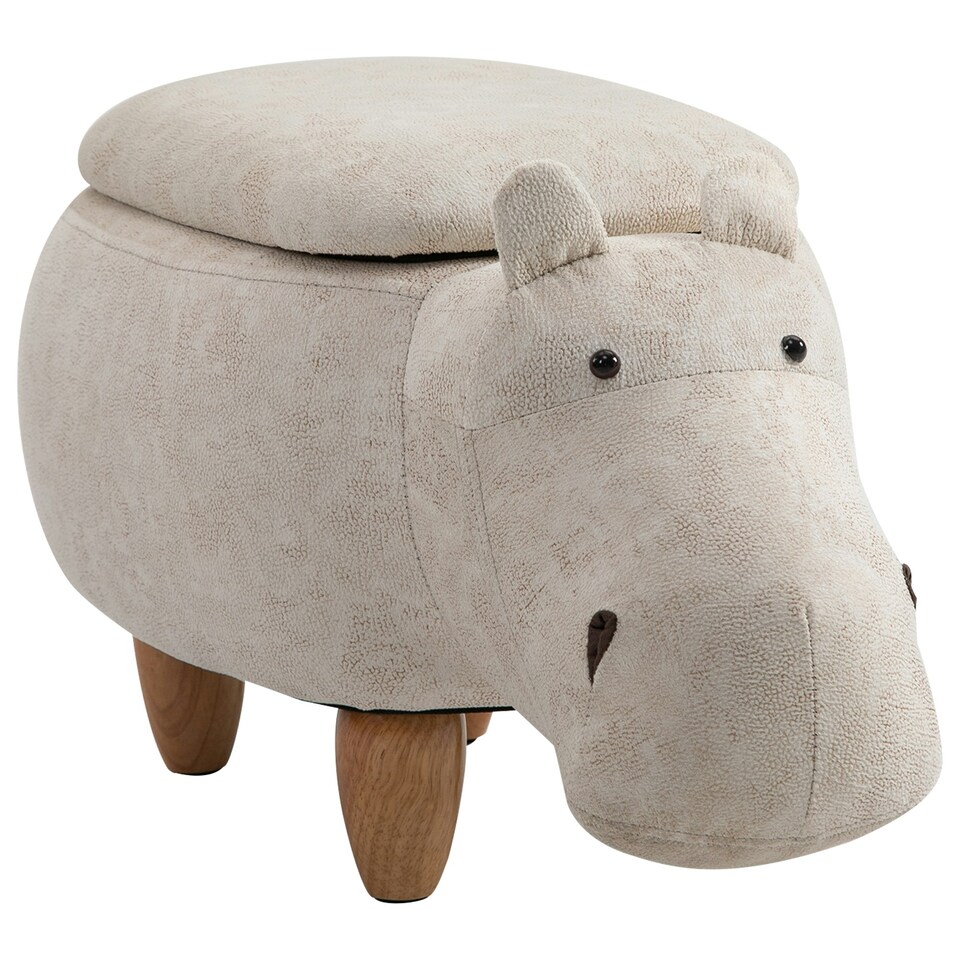 image 1 of HOMCOM Hippo Storage Stool Cute Decoration Footrest Wood Frame Legs Cream Cream