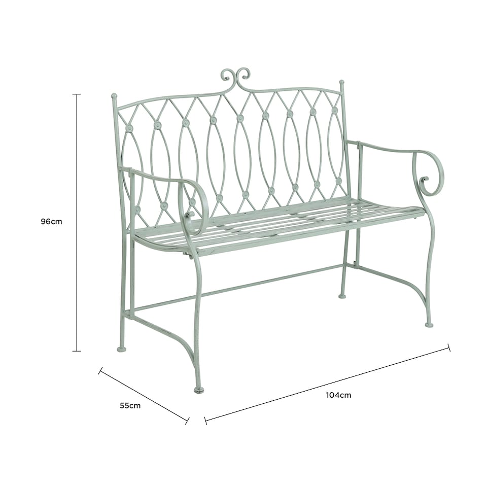 image 1 of Charles Bentley Decorative Wrought Iron Outdoor Rustic Bench - Sage Green