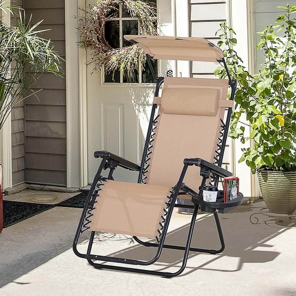 image 1 of Outsunny Foldable Reclining Garden Chair with Headrest, Zero Gravity Deck Sun Lounger Seat Chair with Footrest, Armrest, Cup Holder & Canopy Shade, Beige
