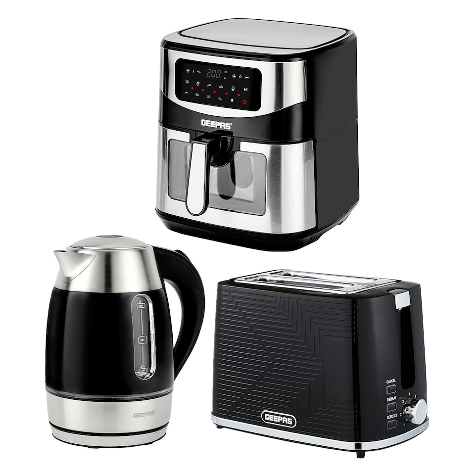 GEEPAS 1.7L Illuminating Electric Kettle 2 Slice Bread Toaster & 9.2L Digital Air Fryer Kitchen Combo Set Black