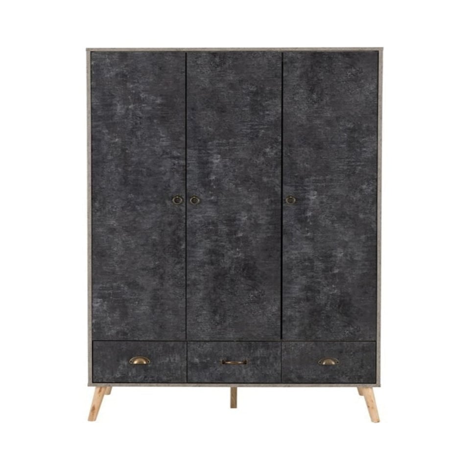image 1 of Nordic 3 Door 3 Drawer Wardrobe - L55.5 x W113 x H179.5 cm - Concrete Effect/Charcoal Grey