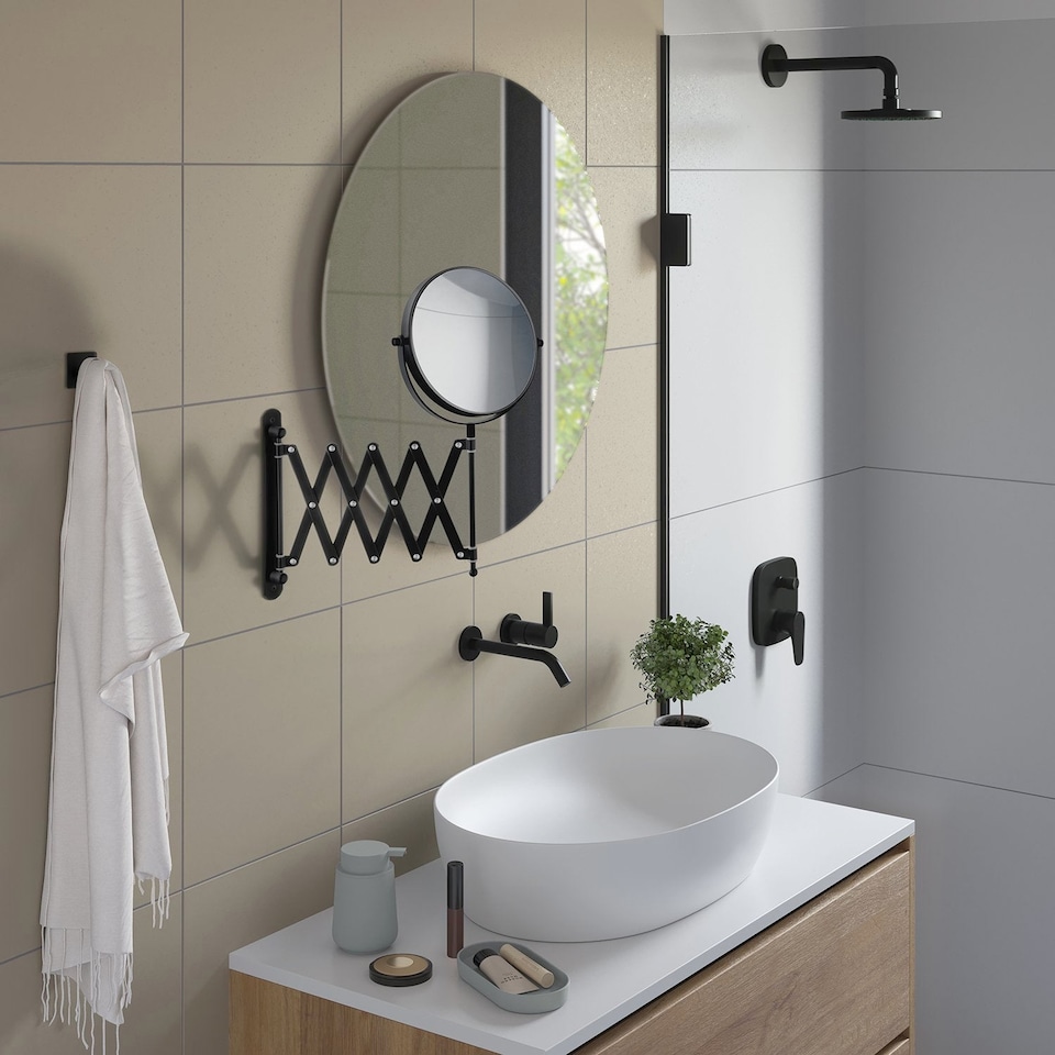 image 1 of BESLAGSBODEN Matt Black Double Sided Bathroom Mirror with Retractable Arm