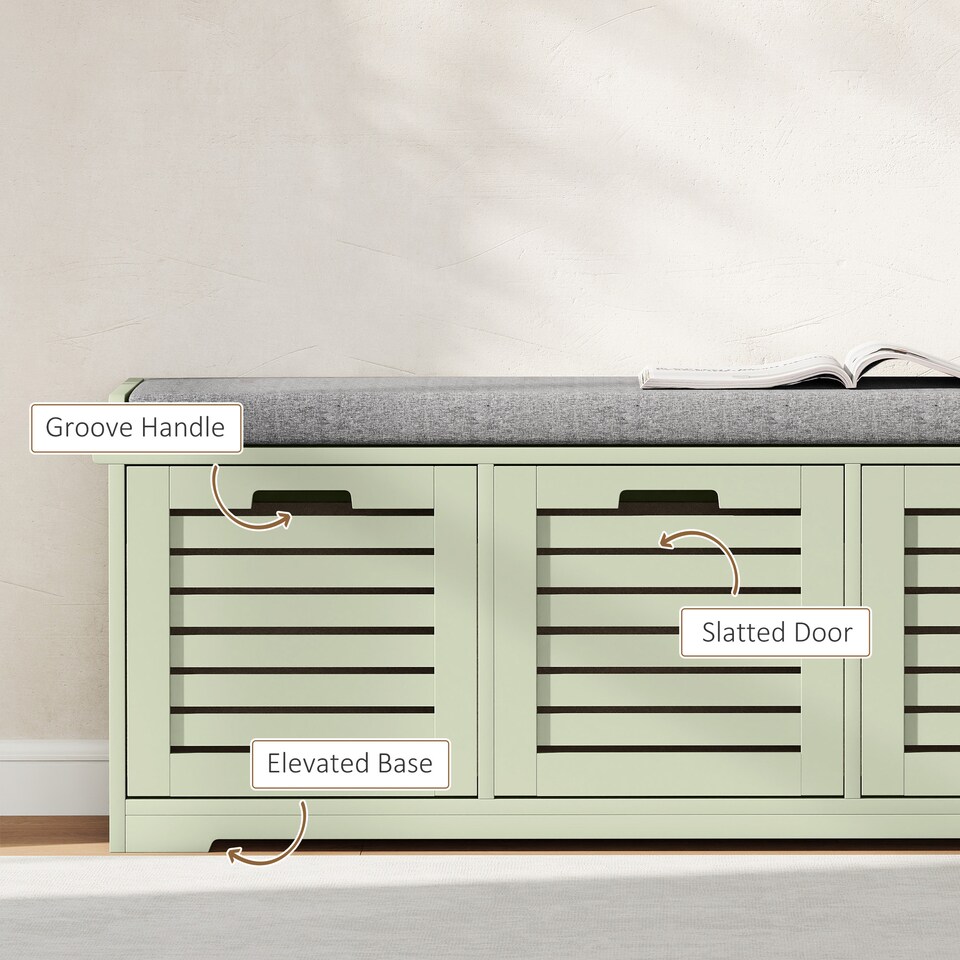 image 1 of HOMCOM 3-Door Shoe Storage Bench Cushion Seat Slatted Doors, Green | Green