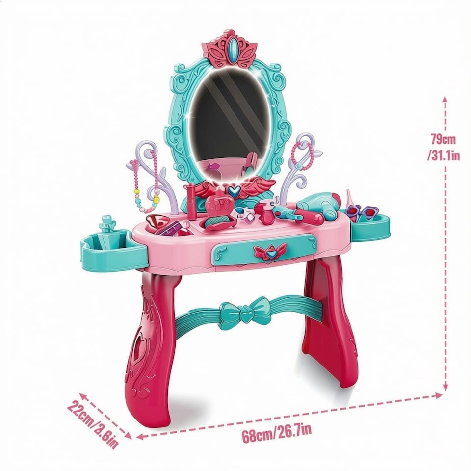 image 1 of Girls Dressing Vanity Table Playset with Lights, Mirror & Makeup Accessories – Princess Pretend Beauty Salon Toy for Kids Ages 3+