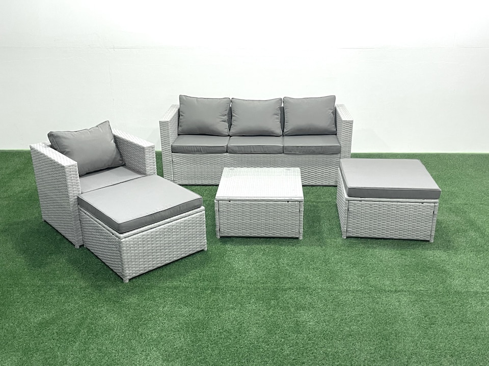 image 1 of Fimous Garden Outdoor Furniture Set 6 Seater Rattan Sofa Set with 2 Big Footstools Armchair Light Grey Mixed