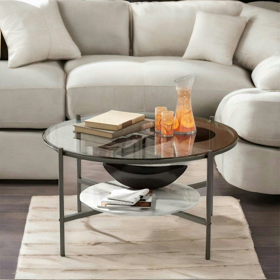image 1 of 2 Tier Round Faux Marble Glass Coffee Table Heavy Duty Black