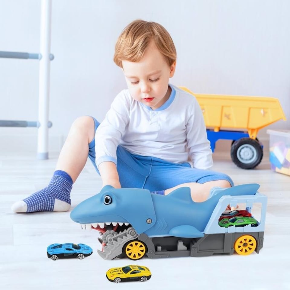 image 1 of Shark Devour Transporter Toy Truck - Push-and-Go Vehicle with Slide-Off Ramp, Roaring Sounds, Lights & 4 Mini Cars, Realistic Shark-Head Design for Kids Ages 3-7