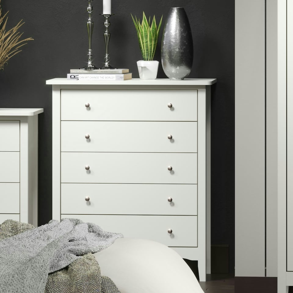 image 1 of Como 5 Drawer Chest of Drawers - Shaker Style Bedroom Storage Cabinet with Space Saving Design | White | White | 1
